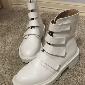 Pretty Little Thing white velcro boots
